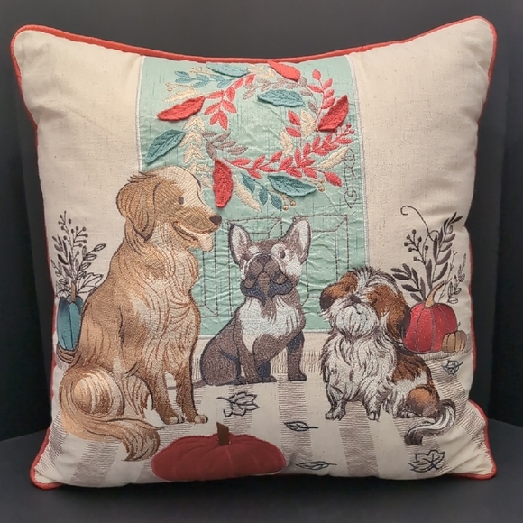 Pier One Imports Decorative Embroidered Throw Pillows with Dog Scene. - Picture 1 of 9